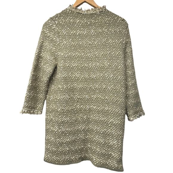 Mango Size 6 Medium Cardigan Long Sage Green Boucle Tweed Fringe Trim Soft - Picture 3 of 6